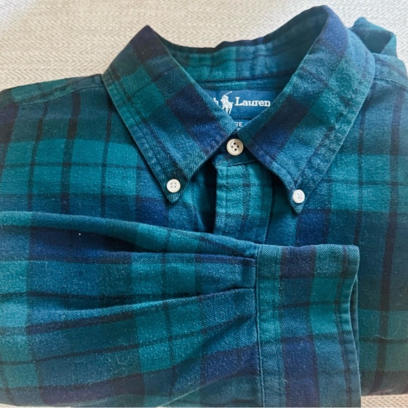 Vintage Ralph Lauren Mens Blaire Plaid Shirt Large Cotton L/S Preppy Green Blue - Picture 8 of 10